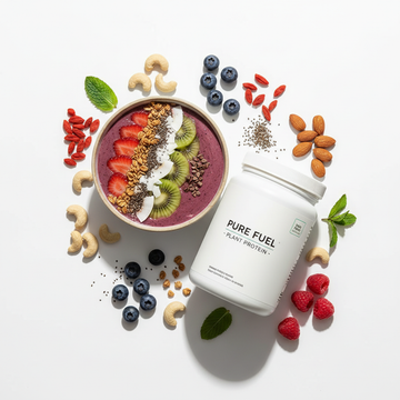 clean nutrition flatlay, protein jar, smoothie bowl, superfoods, nuts and berries, white background, soft natural shadows, minimalist healthy lifestyle aesthetic, premium product shot
1000x1000