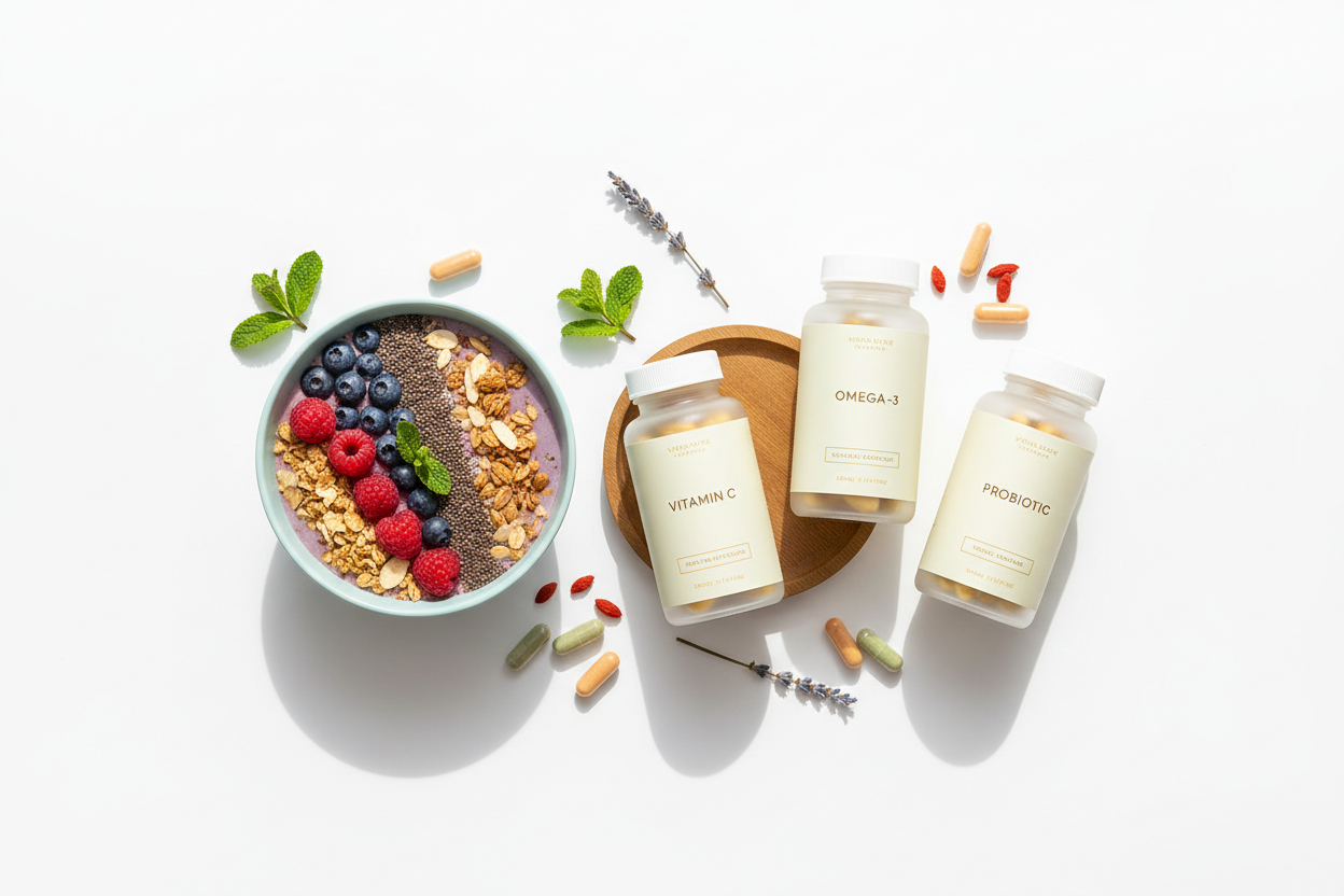 minimalist vitamins flatlay

clean supplements aesthetic

healthy lifestyle products on white

nutritional supplements premium look

bottle of vitamins clean background

smoothie bowl minimalistic1621243260e1af0c20-2