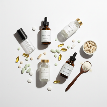 minimalist vitamins flatlay, premium supplements layout, clean white background, soft natural light, glass bottles, capsules and tablets, modern wellness aesthetic, high-end product photography
1000x1000