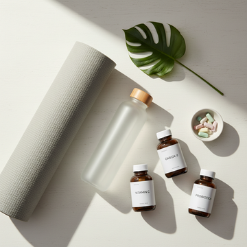 minimalist wellness flatlay, yoga mat, water bottle, vitamins, clean white background, soft natural sunlight, premium health aesthetic, modern lifestyle, top-down composition
1000x1000