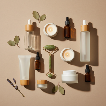 self-care products flatlay, natural skincare bottles, jade roller, essential oils, candles, beige minimal background, soft diffused light, premium wellness aesthetic, clean modern composition
1000x1000